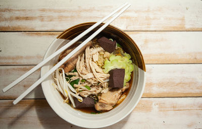 High angle view of food in bowl on table