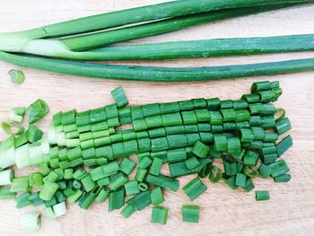 High angle view of chopped spring onions