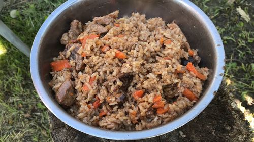 High angle view of meat in container