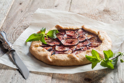 High angle view of pizza on table