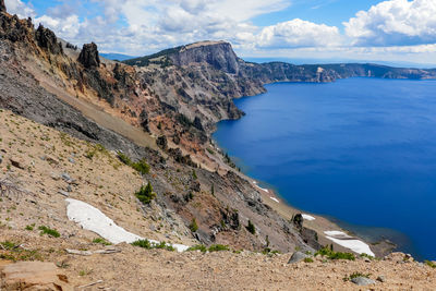 Scenic view of sea and mountains against sky