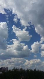 Low angle view of trees against cloudy sky