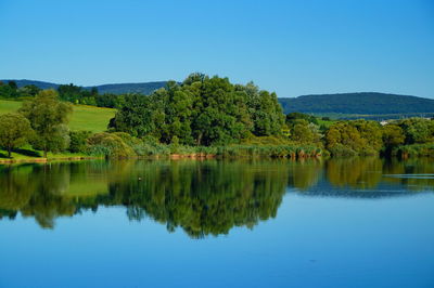 Scenic view of lake against clear blue sky