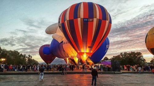 View of hot air balloon in city