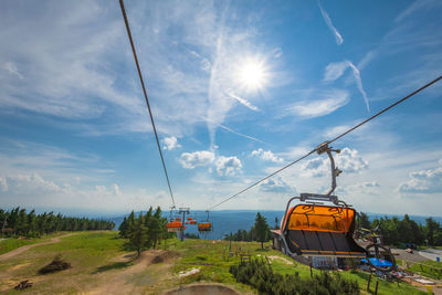 Overhead cable car on land against sky