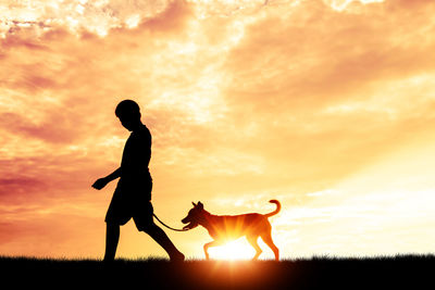 Silhouette man with dog against sky during sunset