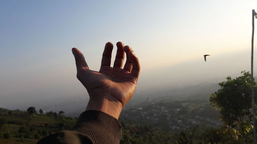 Cropped hand of woman against sky during sunset