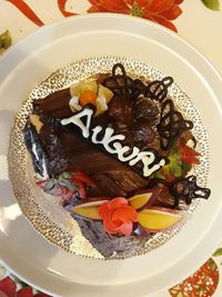 High angle view of cake in plate on table