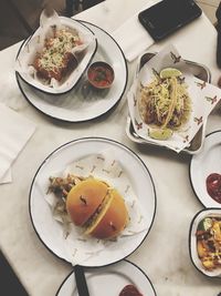 High angle view of breakfast served on table