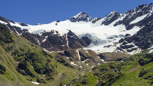 Scenic view of snowcapped mountains against clear sky