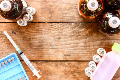 High angle view of bottles on table