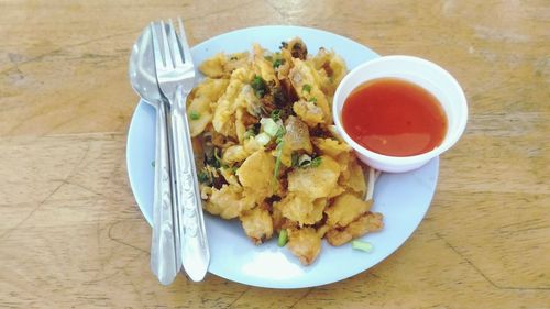 High angle view of food in plate on table