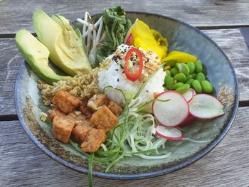 High angle view of breakfast served on table