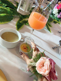 High angle view of breakfast on table