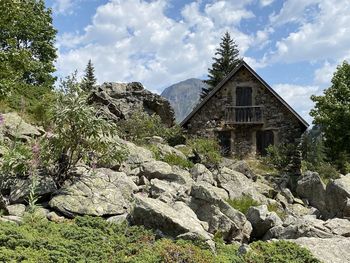 Trees and rocks by building against sky