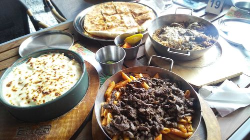 High angle view of breakfast on table