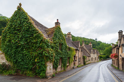 Street amidst trees and buildings against sky