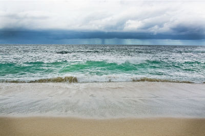 Scenic view of beach against cloudy sky