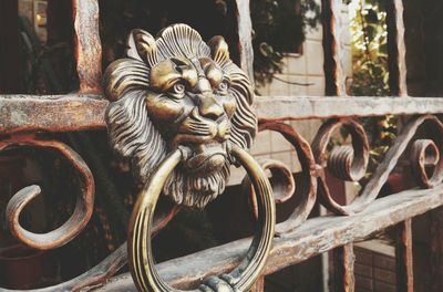 Close-up of old-fashioned door knocker on gate