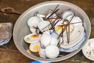 High angle view of eggs in container on table