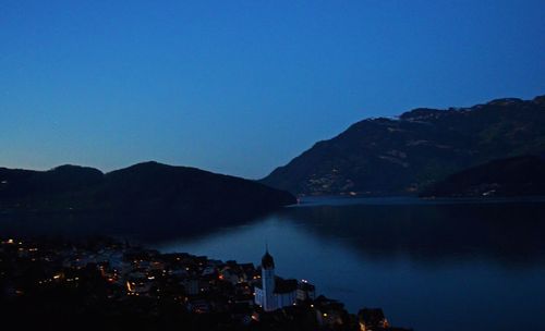 Scenic view of sea and mountains against clear blue sky
