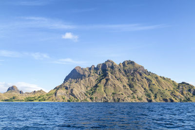 Scenic view of sea by mountain against sky