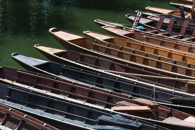 High angle view of boats moored in lake