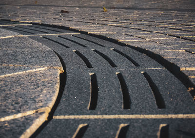 Close-up of manhole on cobblestone street