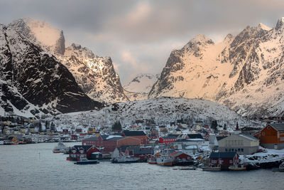 Scenic view of snowcapped mountains against sky during winter