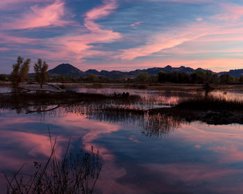 Scenic view of lake against sky at sunset