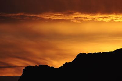 Low angle view of silhouette mountain against dramatic sky