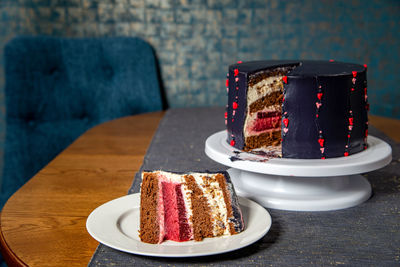 Close-up of cake in plate on table