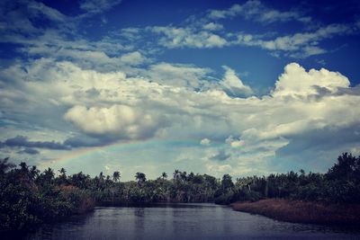 Scenic view of lake against cloudy sky