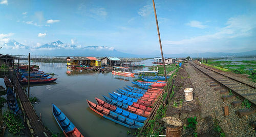 High angle view of fishing boats moored on lake