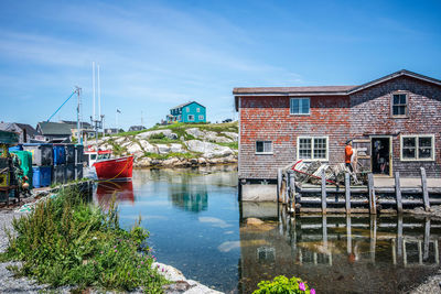 Houses by canal against sky