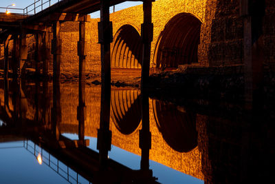 Panoramic shot of old building by canal against sky during sunset