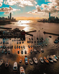 High angle view of beach against sky during sunset