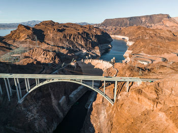 Aerial view of hoover dam and the colorado river bridge