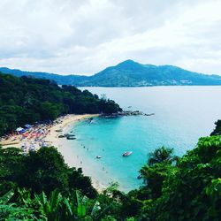 Scenic view of bay against sky