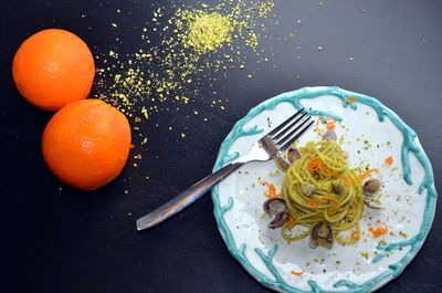 High angle view of eggs in plate on table