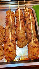 High angle view of food on barbecue grill