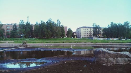 View of built structures against clear sky