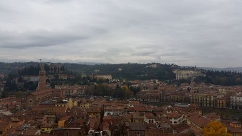 View of cityscape against cloudy sky