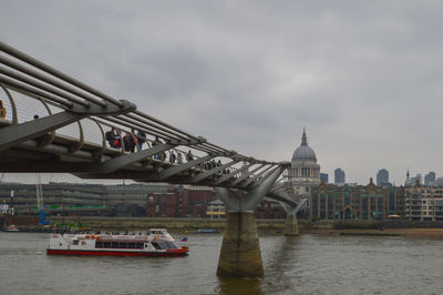 View of bridge over river against cloudy sky