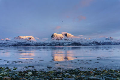 Scenic view of lake by snowcapped mountains against sky during winter