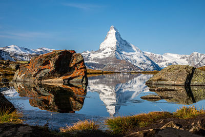 Scenic view of snowcapped mountains against sky during winter