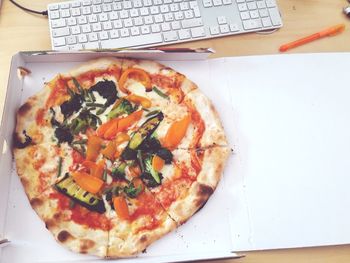 High angle view of pizza on table