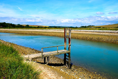 Scenic view of lake against blue sky