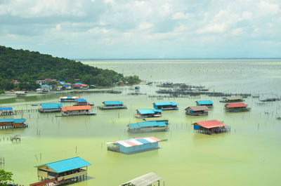 High angle view of people at beach against sky