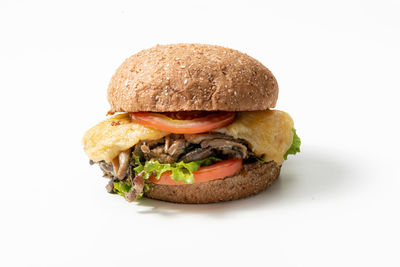 Close-up of burger against white background